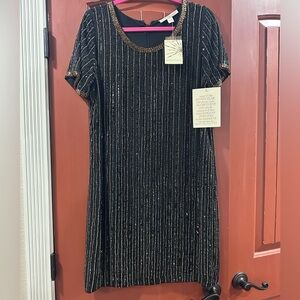 Boston Proper Black Dress with Gold Beaded Neckline .